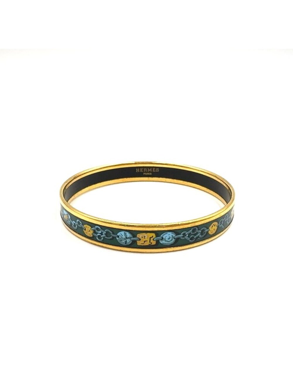 Hermes Enamel PM Metal Green Gold Bangle Bracelet